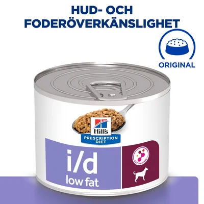 Hill's Prescription Diet i/d low fat hundmatburk, text: HUD- OCH FODERÖVERKÄNSLIGHET, ORIGINAL, bild på foder och symbol för hund samt ActivBiome+ ikon.