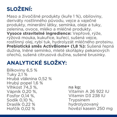 Zloženie: mäso a živočíšne produkty, obiloviny, vajcia, oleje, zelenina, ovocie, mlieko. Analytické zložky: bielkoviny 6,5 %, tuky 2,1 %, vláknina 0,52 %, vlhkosť 74,3 %.