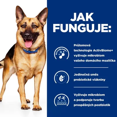 Jak funguje: Průlomová technologie ActivBiome+ vyživuje mikrobiom vašeho domácího mazlíčka. Jedinečná směs prebiotické vlákniny. Podporuje tvorbu prospěšných postbiotik.