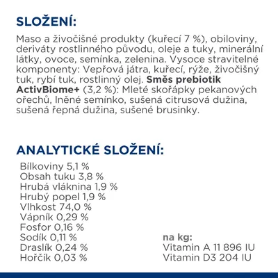 Složení: maso a živočišné produkty (kuřecí 7 %), obiloviny, oleje, tuky, ovoce, semínka, zelenina. Analytické složení: bílkoviny 5,1 %, tuk 3,8 %, vláknina 1,9 %, vlhkost 74 %.