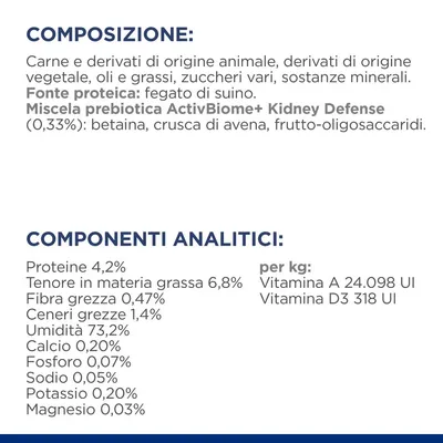 Composizione: carne e derivati animali, vegetali, oli, grassi, zuccheri, minerali. Fonte proteica: fegato di suino. Analisi: proteine 4,2%, grassi 6,8%, umidità 73,2%, vitamina A 24.098 UI/kg.