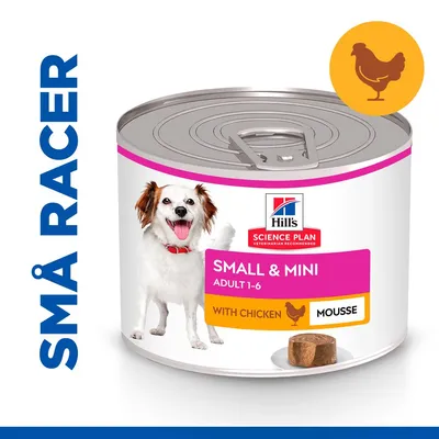 Hill's Science Plan Small & Mini Adult 1-6 with Chicken Mousse dåse med billede af lille hund og kyllingesymbol. Tekst: SMÅ RACER.