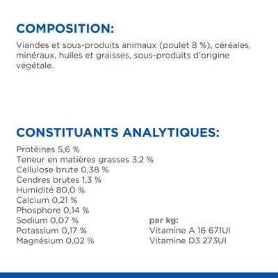 Composition : viandes et sous-produits animaux (poulet 8 %), céréales, minéraux, huiles et graisses. Constituants analytiques : protéines 5,6 %, matières grasses 3,2 %, humidité 80 %, vitamines A et D3.