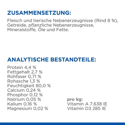 Zusammensetzung: Fleisch und tierische Nebenerzeugnisse (Rind 8 %), Getreide, pflanzliche Nebenerzeugnisse, Mineralstoffe, Öle und Fette. Analytische Bestandteile: Protein 4,4 %, Fettgehalt 2,7 %, Rohfaser 0,71 %, Rohasche 1,3 %, Feuchtigkeit 80 %, Calcium 0,24 %, Phosphor 0,12 %, Natrium 0,05 %, Kalium 0,16 %, Magnesium 0,02 %. Vitamine pro kg: Vitamin A 7.638 IE, Vitamin D3 285 IE.