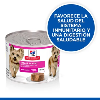 Hill's Science Plan Small & Mini Mature Adult 7+ con ternera mousse. Texto: Favorece la salud del sistema inmunitario y una digestión saludable.