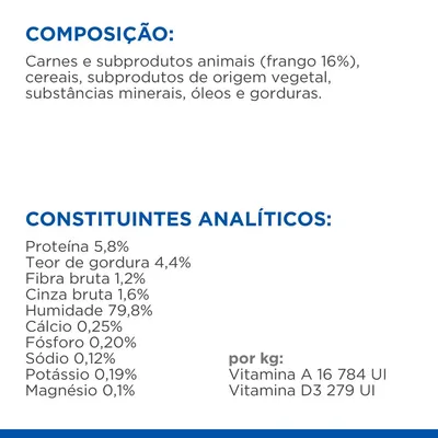 Composição: carnes e subprodutos animais (frango 16%), cereais, subprodutos de origem vegetal, minerais, óleos e gorduras. Proteína 5,8%, gordura 4,4%, humidade 79,8%, vitaminas A e D3.