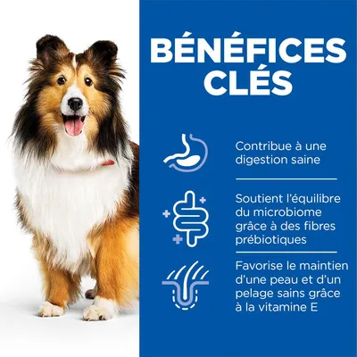 BÉNÉFICES CLÉS : Contribue à une digestion saine, soutient l’équilibre du microbiome grâce à des fibres prébiotiques, favorise peau et pelage sains grâce à la vitamine E.