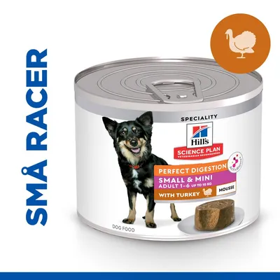Hill's Science Plan Perfect Digestion Small & Mini Adult 1–6 op til 10 kg med kalkun mousse. Dåse med billede af hund og tekst: SPECIALITY, ACTIVBIOME+, DOG FOOD.