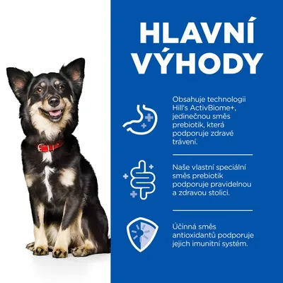 HLAVNÍ VÝHODY: Obsahuje technologii Hill’s ActivBiome+, jedinečnou směs prebiotik pro zdravé trávení, podporu stolice a imunitného systému. Text v češtine.
