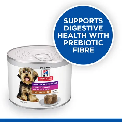 Hill's Science Plan Sensitive Stomach & Skin Small & Mini Adult with turkey mousse. Supports digestive health with prebiotic fibre.