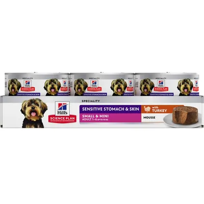 Sensitive stomach and skin mousse with turkey for small and mini adult pets, 1-6 years, up to 10kg. Speciality food shown in multi-pack cans.
