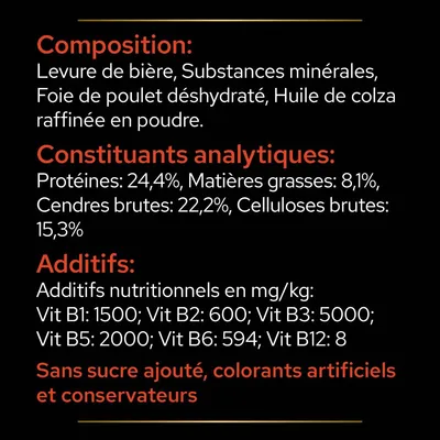 Composition : levure de bière, minéraux, foie de poulet déshydraté, huile de colza. Protéines 24,4 %, matières grasses 8,1 %. Sans sucre ajouté, colorants artificiels ni conservateurs.