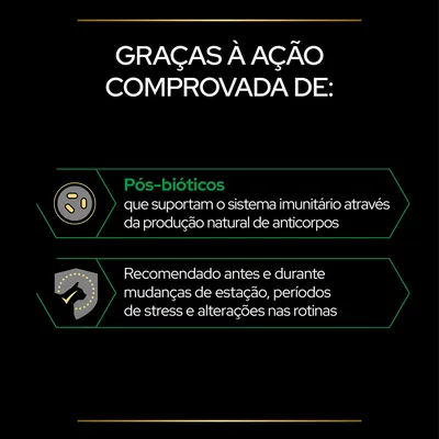 Graças à ação comprovada de pós-bióticos que suportam o sistema imunitário através da produção natural de anticorpos. Recomendado antes e durante mudanças de estação, stress e alterações nas rotinas.