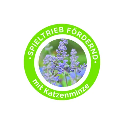 Promotes play instinct with catnip. Green circle with image of blooming catnip in the centre.