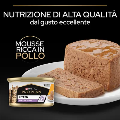 Purina Pro Plan Kitten Healthy Start mousse ricca in pollo, nutrizione di alta qualità dal gusto eccellente. Immagine della confezione e porzione di mousse su piatto.