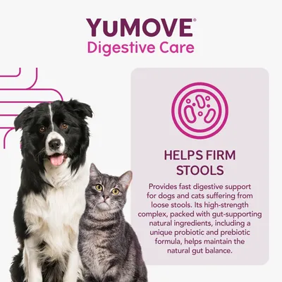 YuMOVE Digestive Care. Helps firm stools. Provides fast digestive support for dogs and cats with loose stools using a probiotic and prebiotic formula to maintain gut balance.