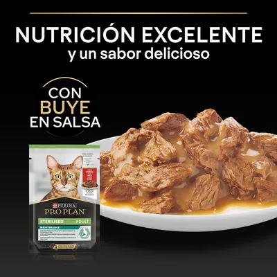 Purina Pro Plan Sterilised Adult Maintenance para gatos, sobre visible junto a trozos de carne en salsa. Texto: Nutrición excelente y un sabor delicioso. Con buey en salsa.