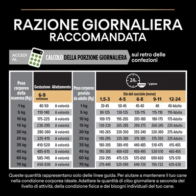 Tabella razione giornaliera raccomandata per cani: quantità in grammi secondo peso corporeo e età del cucciolo, con indicazioni per gestazione e allattamento. Calcolo porzione sul retro confezioni.