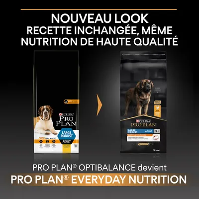 Comparaison de deux sacs Purina Pro Plan pour chiens adultes large robust : OptiBalance devient Everyday Nutrition. Nouveau look, recette inchangée, nutrition de haute qualité visible en texte.
