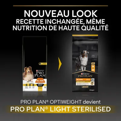 NOUVEAU LOOK RECETTE INCHANGÉE, MÊME NUTRITION DE HAUTE QUALITÉ. PRO PLAN OPTIWEIGHT devient PRO PLAN LIGHT STERILISED. Deux sacs de croquettes pour chien adulte visibles.