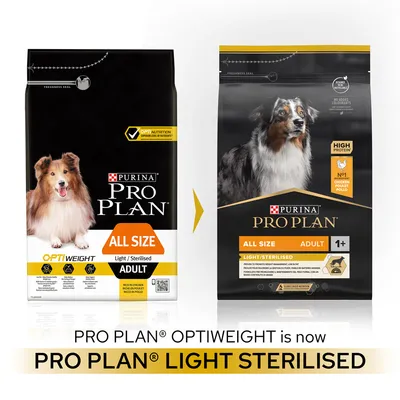 Packaging change from PRO PLAN Optiweight All Size Light/Sterilised Adult to PRO PLAN Light Sterilised All Size Adult 1+. Text: high protein, no added colourants, number one chicken.