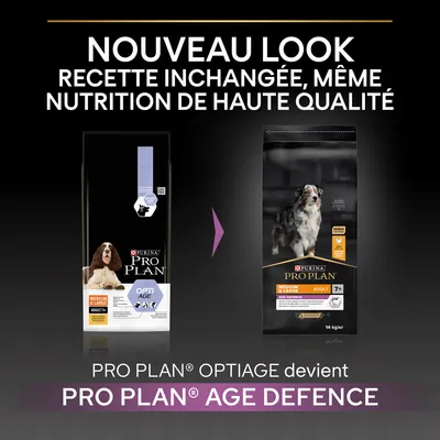 Nouveau look : PRO PLAN OPTIAGE devient PRO PLAN AGE DEFENCE. Recette inchangée, même nutrition de haute qualité. Sacs pour chiens adultes medium & large visibles.
