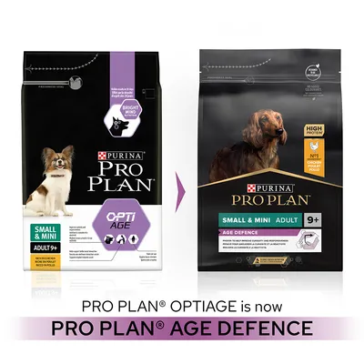 Purina Pro Plan Small & Mini Adult 9+ dog food packaging rebrand: left shows OptiAge, right shows Age Defence. Visible text: High Protein, No.1 Chicken, 9+, Small & Mini, Age Defence.