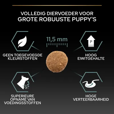 Volledig diervoeder voor grote robuuste puppy's, brok van 11,5 mm. Geen toegevoegde kleurstoffen, hoog eiwitgehalte, superieure opname van voedingsstoffen, hoge verteerbaarheid.
