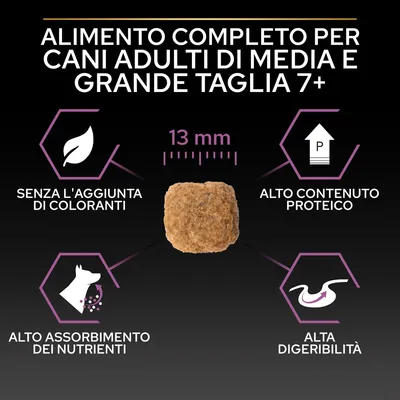Alimento completo per cani adulti di media e grande taglia 7+, crocchetta 13 mm, senza l'aggiunta di coloranti, alto contenuto proteico, alto assorbimento dei nutrienti, alta digeribilità.