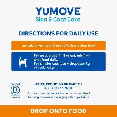 Directions: Add to cat’s food or bowl. For 4-5kg cats, mix 1ml daily; for smaller cats, use 4 drops per kg. B Corp certified, uses recyclable packaging where possible.