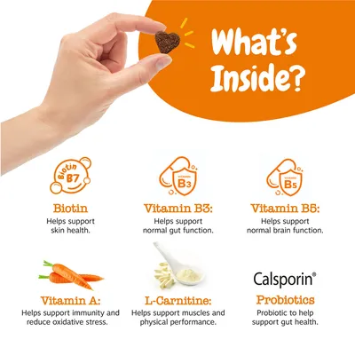 Text v angličtine: What's Inside? Biotin B7, Vitamin B3, Vitamin B5, Vitamin A, L-Carnitine, Calsporin Probiotics. Zobrazené ikony a obrázky mrkvy a prášku.