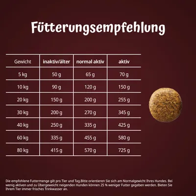 Fütterungsempfehlung nach Hundegewicht: Gewicht von 5 kg bis 80 kg, Futtermenge je nach Aktivität inaktiv/älter, normal aktiv, aktiv. Details zur empfohlenen Tagesration enthalten.