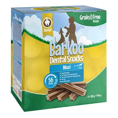 Barkoo Dental Snacks Maxi, hypoallergenic, developed with veterinarians, specially shaped for dental cleaning, low fat, no added sugar. Pack contains 56 sticks for dogs from 25 kg.