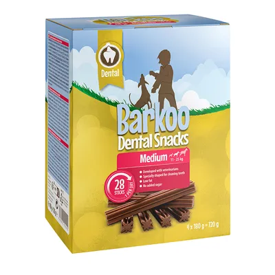 Barkoo Dental Snacks Medium, 28 sticks for dogs 11–25kg. Developed with veterinarians, specially shaped for cleaning teeth, low fat, no added sugar. 4 x 180g packs.