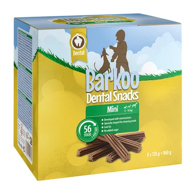Barkoo Dental Snacks Mini, 56 sticks for 5-10 kg pets. Developed with veterinarians, specially shaped for cleaning teeth, low fat, no added sugar. Pack contains 8 x 120g.