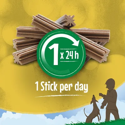 Kuvassa koiran purutikkuja, vihreä ympyrätekstillä '1 x 24 h' ja alla teksti '1 Stick per day'.