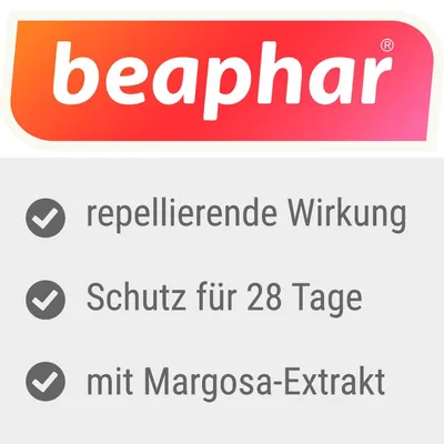 beaphar. Repellierende Wirkung, Schutz für 28 Tage, mit Margosa-Extrakt.
