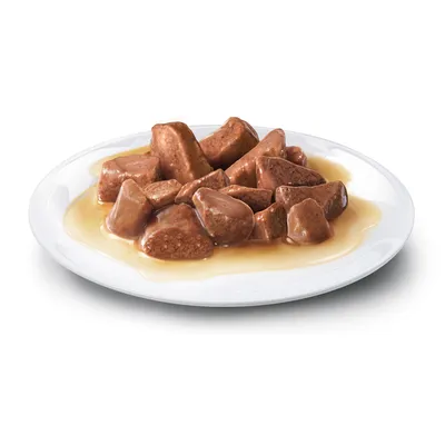 Primo piano di pezzi di carne in salsa su un piatto bianco, esempio di prodotto per alimenti per animali.