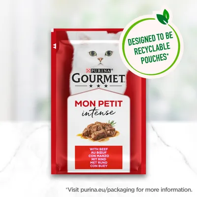 Gourmet Mon Petit Intense with beef, designed to be recyclable pouches. Text states: with beef in multiple languages. Visit purina.eu/packaging for more information.