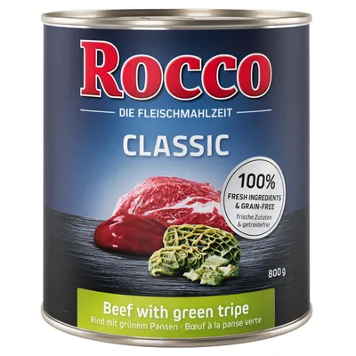 Classic beef with green tripe, 100% fresh ingredients and grain-free, 800g tin. Text in English, German and French visible on label.