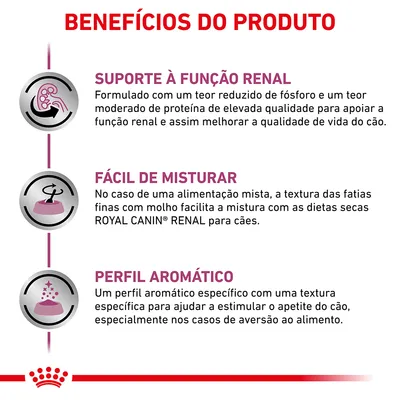 Benefícios do produto: suporte à função renal, fácil de misturar com dietas secas ROYAL CANIN RENAL para cães, perfil aromático específico para estimular o apetite.