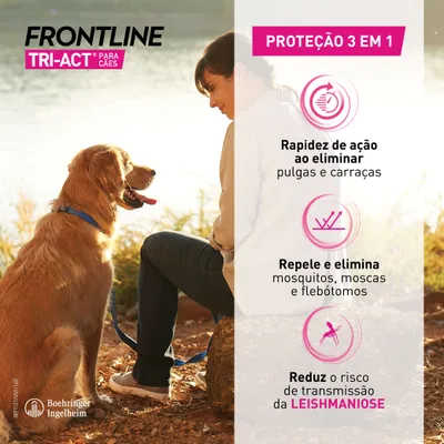 Frontline Tri-Act para cães. Proteção 3 em 1: rapidez de ação ao eliminar pulgas e carraças, repele e elimina mosquitos, moscas e flebótomos, reduz risco de transmissão da leishmaniose.