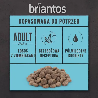 briantos ADULT łosoś z ziemniakami, bezzbożowa receptura, półwilgotne krokiety; widoczne krokiety na niebieskim tle
