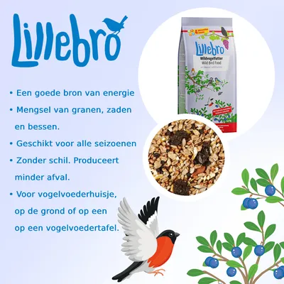 Lillebro Wildvogelfutter Wild Bird Food. Een goede bron van energie, mengsel van granen, zaden en bessen, geschikt voor alle seizoenen, zonder schil, minder afval, voor vogelvoederhuisje.