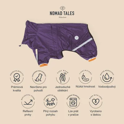 Fialový obleček pro psy Nomad Tales München, text: Prémiová kvalita, Navrženo pro pohodlí, Jednoduché oblékání, Nízká hmotnost, Vodoodpudivý, Reflexní prvky, Plný rozsah pohybu, Lze prát v pračce, Vyrobeno s láskou.