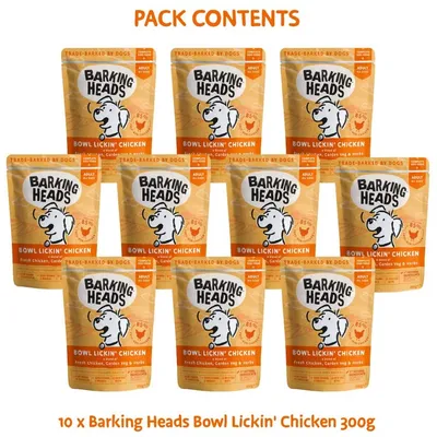Pack contains 10 pouches of Barking Heads Bowl Lickin' Chicken, each 300g.