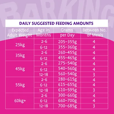 Daily suggested feeding amounts table showing expected adult weight, age in months, grams per day, and number of meals for 25kg to 60kg+ weights.