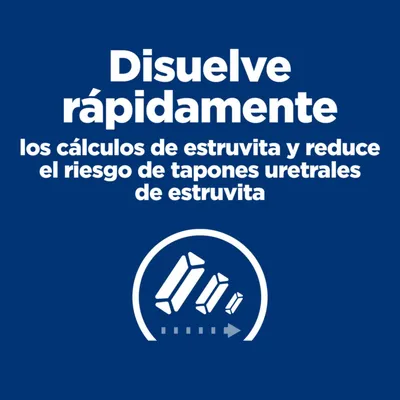 Disuelve rápidamente los cálculos de estruvita y reduce el riesgo de tapones uretrales de estruvita.