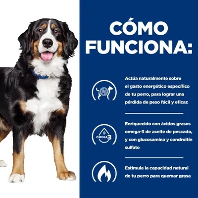 Texto: Cómo funciona. Actúa naturalmente sobre el gasto energético específico de tu perro para lograr una pérdida de peso fácil y eficaz. Enriquecido con omega-3, glucosamina y condroitín sulfato.