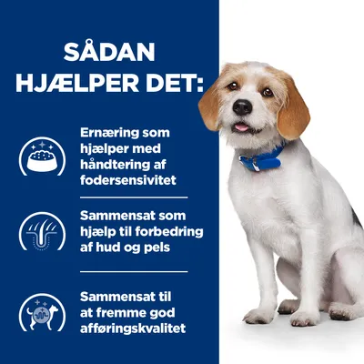 Sådan hjælper det: Ernæring som hjælper med håndtering af fodersensitivitet. Sammensat som hjælp til forbedring af hud og pels. Sammensat til at fremme god afføringskvalitet.